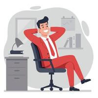 Confident businessman in a red suit relaxing in a modern office chair, flat illustration vector