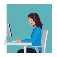 Woman wearing headset working on computer in flat design art vector