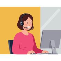 Smiling woman wearing headset working at computer in flat art vector