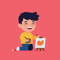Happy child painting on an easel with vibrant colors in a flat illustration vector