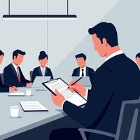 Business meeting with professionals discussing strategies in a modern office setting, flat art vector