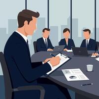 Professional business meeting scene featuring focused individuals in suits with digital devices in flat art vector