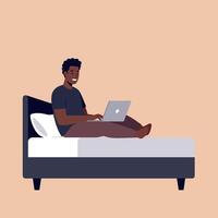 Young man sitting comfortably on a bed using a laptop in a minimal illustration vector