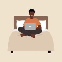 Young man sitting cross-legged on bed using laptop in minimal flat design art vector