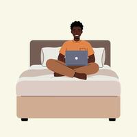 Young man sitting cross-legged on a bed using a laptop in minimal art vector