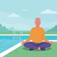 An elderly man meditating by a tranquil pool in a flat illustration vector