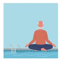 Elderly man meditating by a pool in a serene flat illustration vector