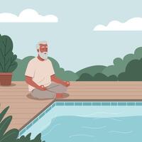 Elderly man meditating by a serene poolside in a minimal flat illustration vector
