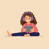 Girl with curly hair enjoying a tablet while sitting on the floor, minimal art vector