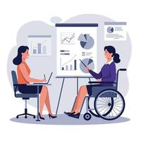 Two businesswomen collaborating in a modern office setting with charts and graphs in flat art vector