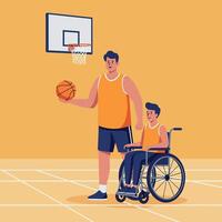 A man and boy with a basketball in a gym, flat illustration showcasing teamwork and inclusivity vector
