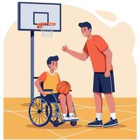 Two basketball players interacting in a gym setting, flat illustration vector