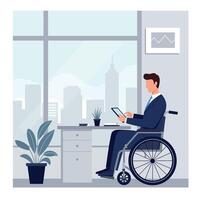 A man in a wheelchair working at a desk in a modern office, flat illustration vector
