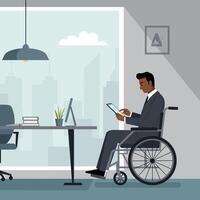 A man in a wheelchair working diligently on a tablet in a modern office setting, flat illustration vector