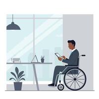 A man in a wheelchair using a tablet at a modern office desk in flat art vector