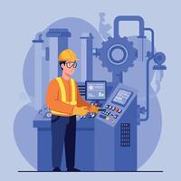 Factory worker operating machinery in a detailed flat illustration vector