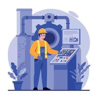 A factory worker operating machinery in a modern industrial setting, flat illustration vector