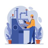 Worker operating industrial control panel in flat art with plants in background vector