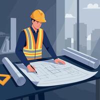 Construction worker analyzing blueprints in a modern office setting, flat art vector