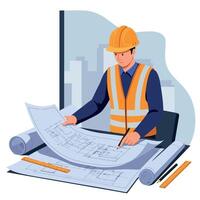 Construction worker in a hard hat studying blueprints with a focused expression in flat illustration vector