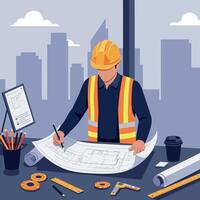 Construction worker in safety gear analyzing blueprints in a modern office setting flat illustration vector