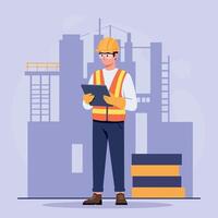 Construction worker in safety gear using tablet on site in flat art vector