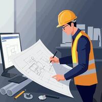 Construction worker analyzing blueprints in a modern office with flat art style vector
