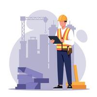Construction worker in safety gear using a tablet at a building site in flat art vector