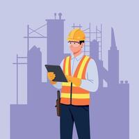 Construction worker in safety gear analyzing blueprints in a minimal flat illustration vector