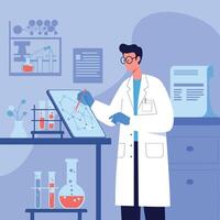 Scientist in a white lab coat analyzing data on a tablet in a modern laboratory illustration vector