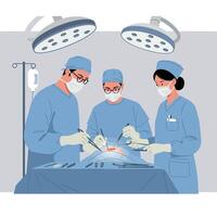 Three surgeons performing a delicate operation under bright lights in flat art vector