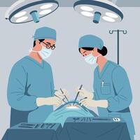 Surgical team performing an operation in a clinical setting with flat art vector