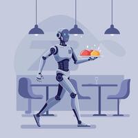 Robot waiter serving food in a modern restaurant with minimal design art vector