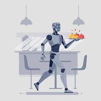 Robot waiter carrying a tray with colorful dishes in a modern flat design illustration vector