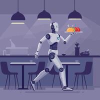 Robot waiter serving food in a modern cafe with a flat design illustration vector