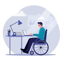 A man in a wheelchair working on a laptop at a desk, flat illustration vector