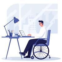 A man in a wheelchair working at a desk with a laptop in a modern office, flat illustration vector