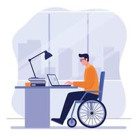 A man in a wheelchair working diligently at a modern desk in a flat illustration vector