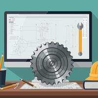 Computer workstation with engineering tools and blueprints in flat art vector