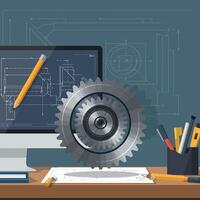 Engineering workspace with computer, gear, and drafting tools in flat art vector