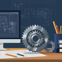 Industrial workspace featuring detailed gears and technical drawings in a flat illustration vector