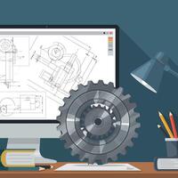 Gear and technical drawing on a desk in a modern workspace, flat art vector