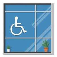 Window with wheelchair symbol in flat design showcasing accessibility features and indoor plants in art vector