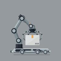 Robotic arm lifting a package on a conveyor belt in flat art vector
