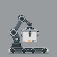 Robotic arm lifting package on conveyor belt in flat illustration vector