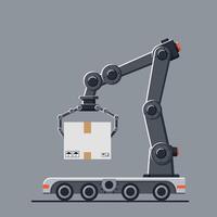 Robotic arm lifting a package on a conveyor belt in a minimalistic illustration vector