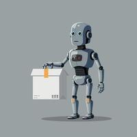 Robot character holding a delivery box in a flat, minimal design illustration vector