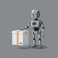 Robot holding a white box with a yellow ribbon in a flat illustration vector