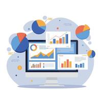 Computer screen displaying colorful graphs and charts in flat art style with dynamic data visualization elements vector