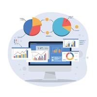 Computer monitor displaying colorful charts and graphs in a flat design illustration vector